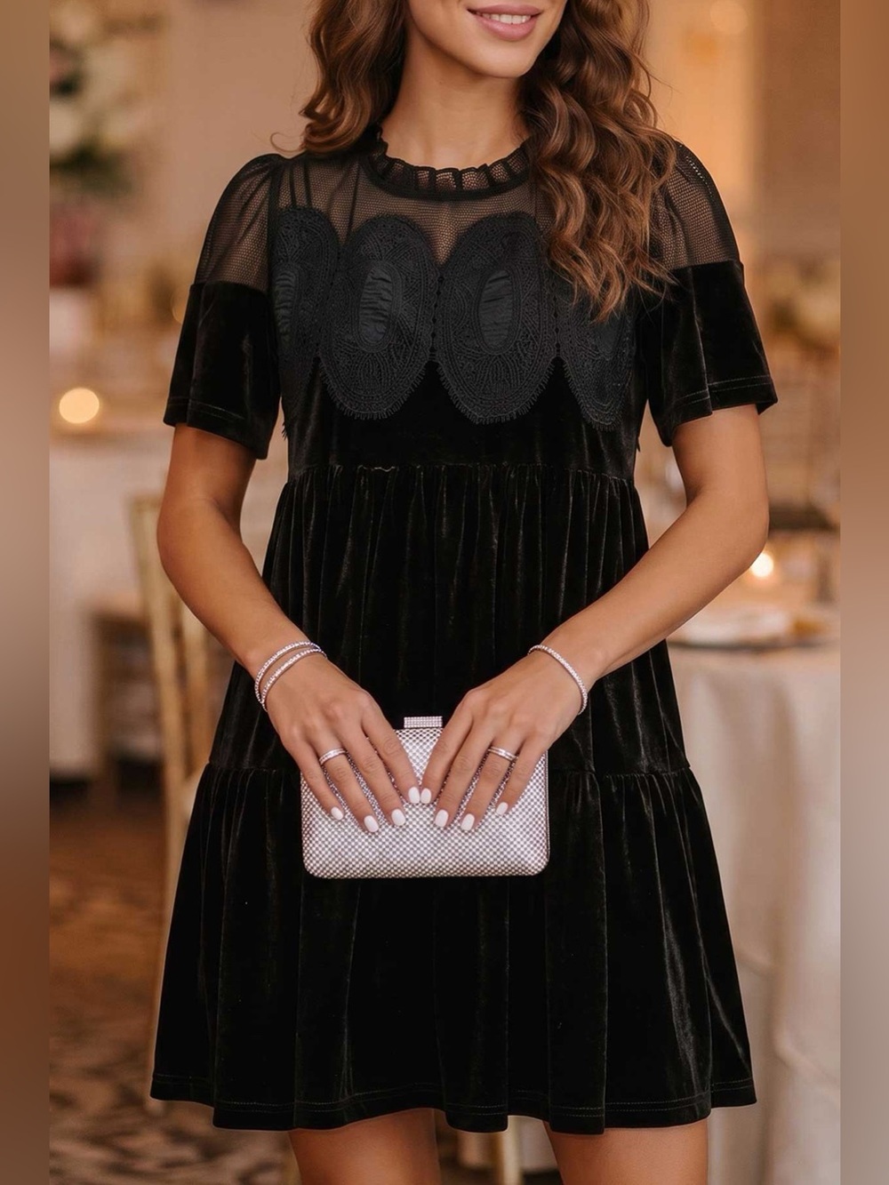 Embroidered Velvet Short Sleeve Mini Shift Dress